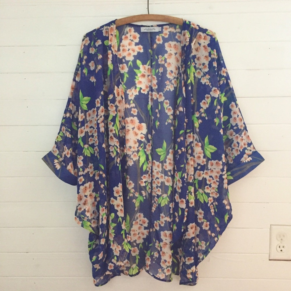 Blue Floral Chiffon Kimono L - Cherry Blossom
